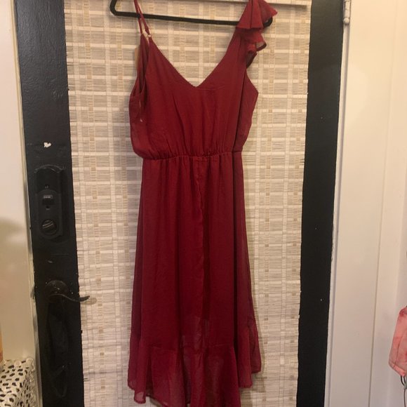 MAX + ASH Dress Red Burgundy Maroon Ruffle Flowy Shoulder Cocktail Wedding Midi - Picture 6 of 7